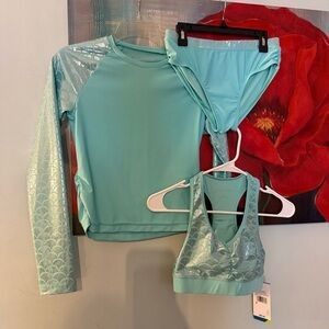 NEW Free Country Girls' Foil Mermaid Rash Guard 14 Bikini Swim 3 Piece Set $60